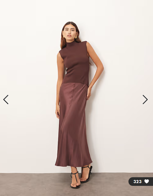 ARRANGE knit dropped waist midi dress with satin skirt in chocolate