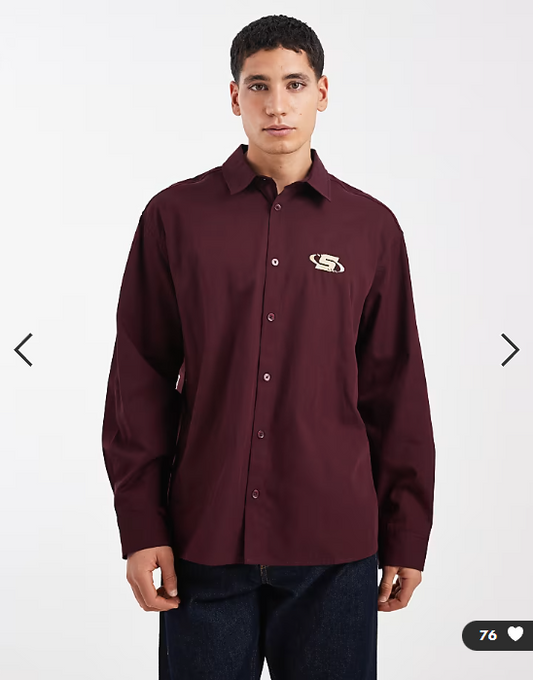 ASOS DESIGN oversized shirt with chest embroidery in burgundy