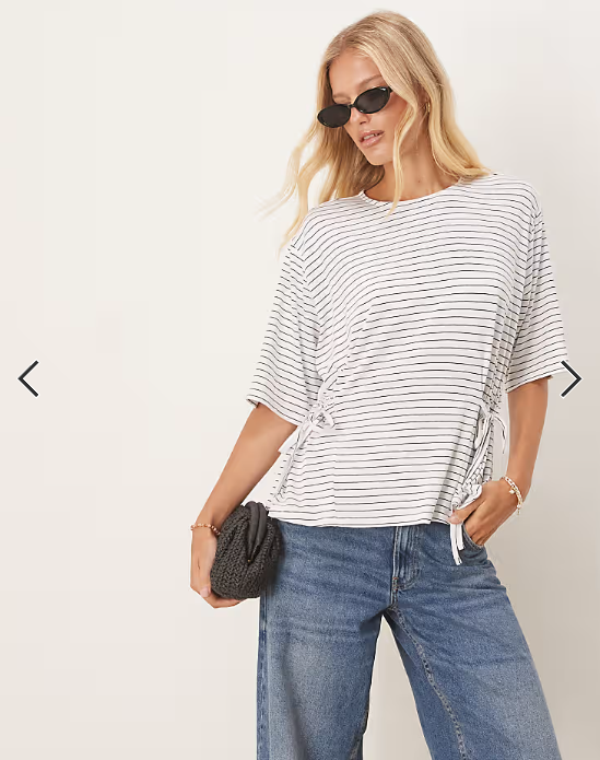 ASOS DESIGN stripe cinched tie side tee in ivory