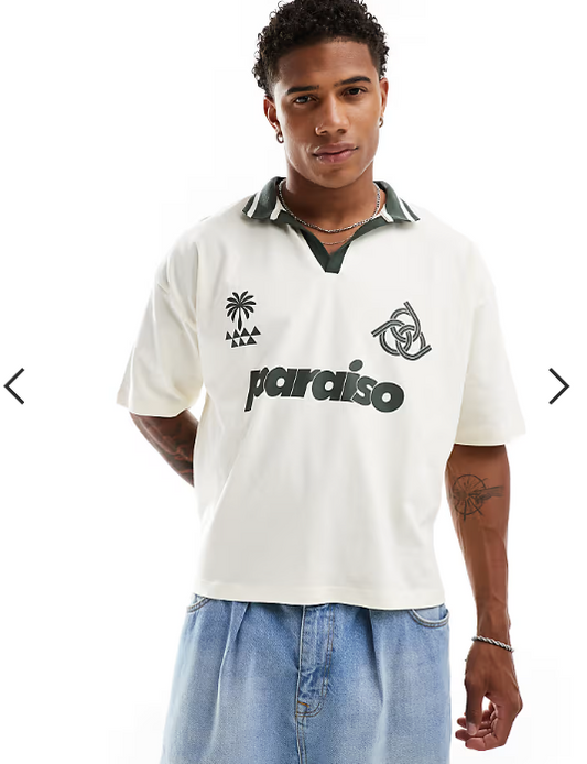 ASOS DESIGN boxy oversized polo shirt in off white with football front print
