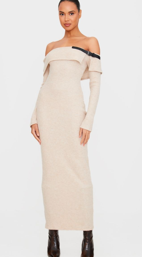Stone Textured Bardot Belt Detail Maxi Dress