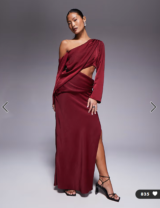 ASOS DESIGN Petite fallen shoulder maxi dress with cutout waist in burgundy