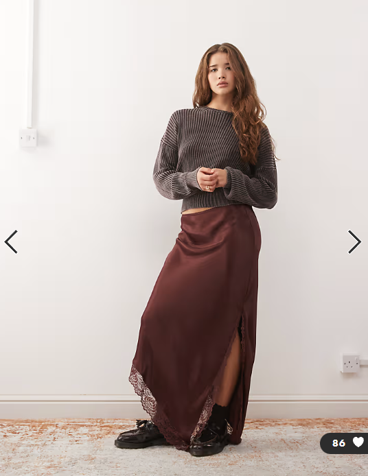 Reclaimed Vintage midi skirt with asymmetric hem with lace in chocolate brown
