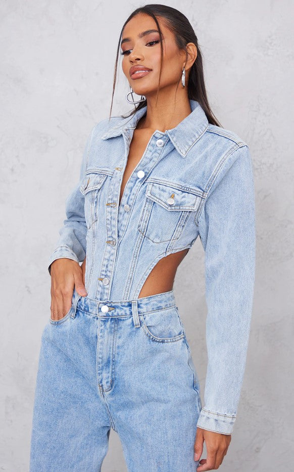 Light Blue Wash Pocket Front Denim Jacket High Side Bodysuit