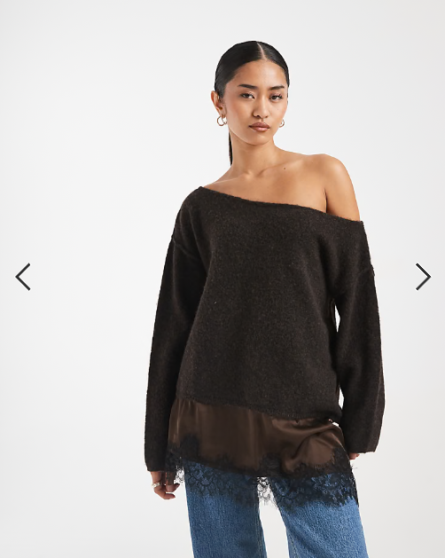 Miss Selfridge fluffy asym jumper with contrast satin lace hem in chocolate