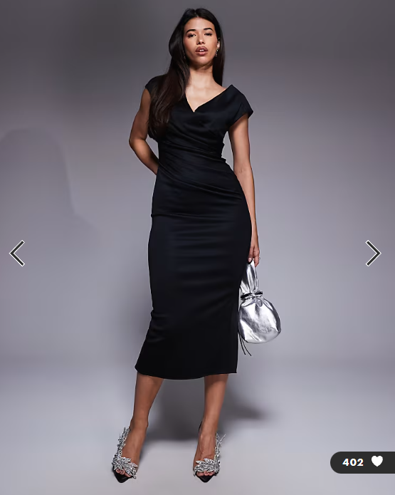 ASOS DESIGN structured midi dress with capped sleeve and draped cross front in black