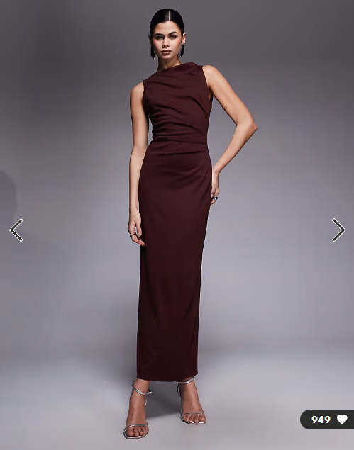 ASOS DESIGN slash neck ruched midi dress in chocolate