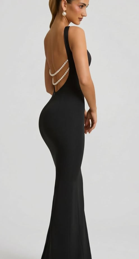 OhPolly-Pearl-Detail Halterneck Maxi Dress in Black