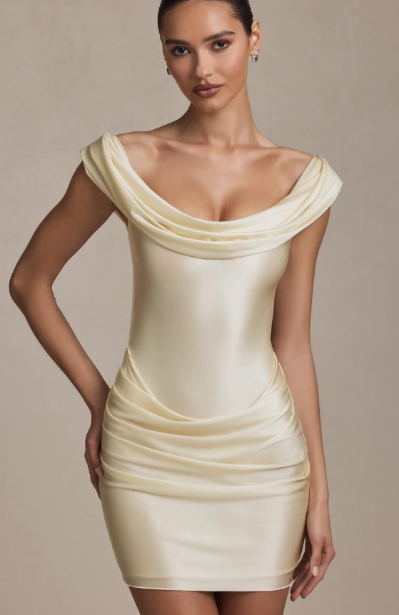 OhPolly-Satin Off-Shoulder Draped Mini Dress in Ivory