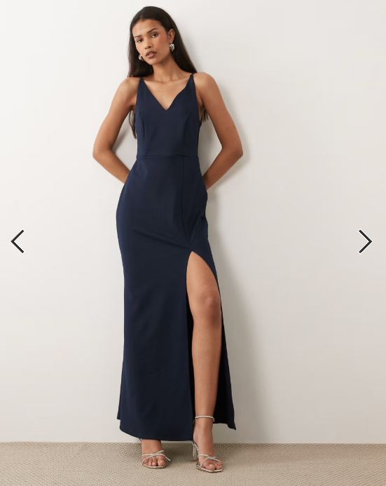 Vila deep v neck maxi dress with leg split in navy