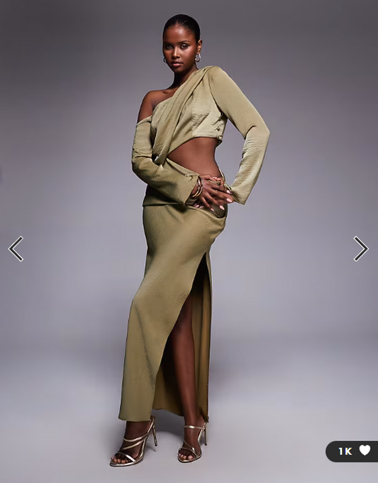ASOS DESIGN fallen shoulder maxi dress with cutout waist in khaki