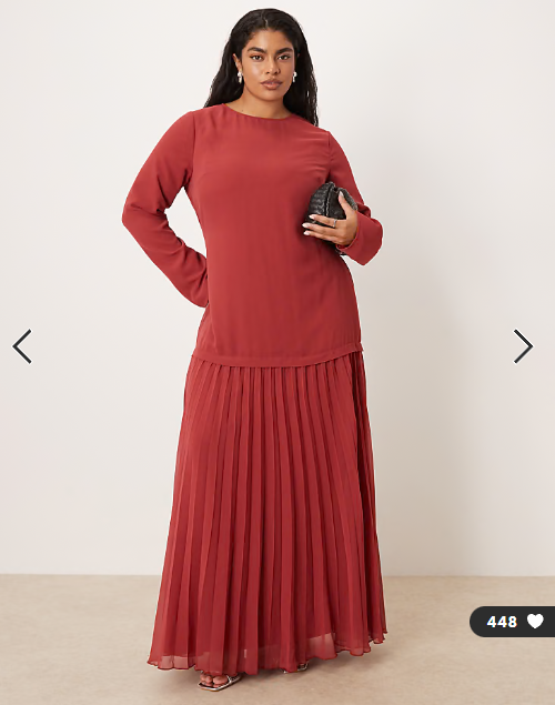 ASOS DESIGN Curve long sleeved pleated skirt maxi dress in deep red
