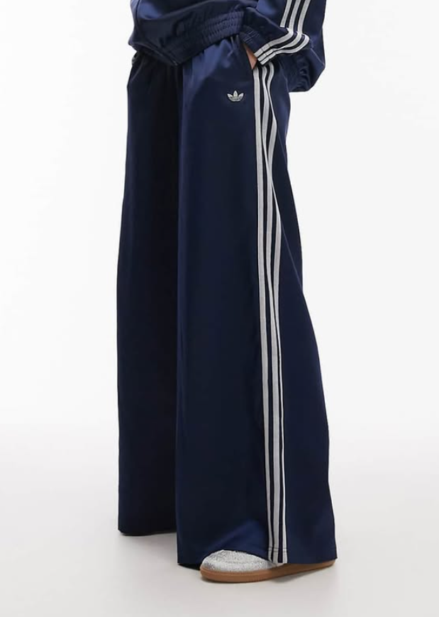 Adidas originals - satin wide leg disco track pants in navy and glitter