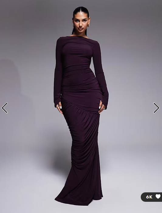 ASOS DESIGN sculpting gauged panelled maxi dress with long sleeves in plum
