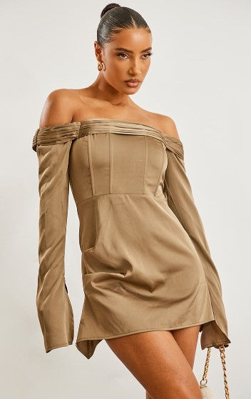 Khaki Satin Pleat Detail Bardot Flared Sleeve Bodycon Dress