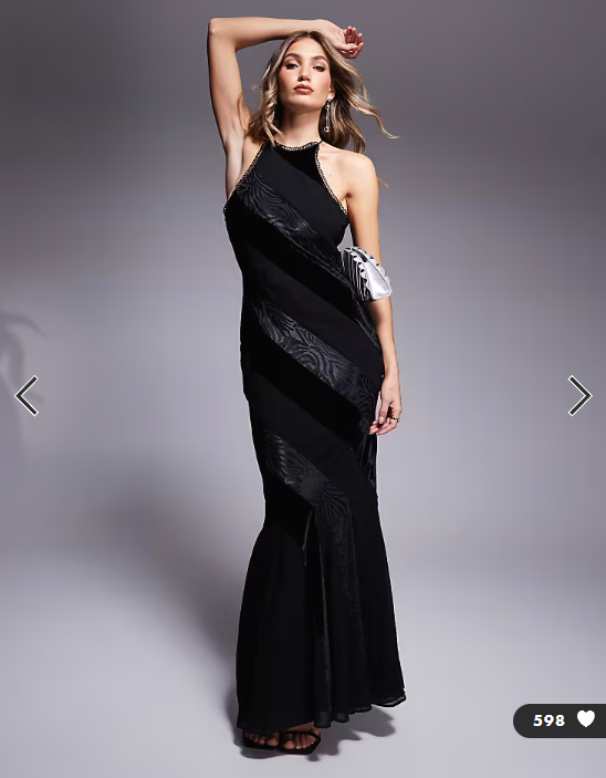 ASOS DESIGN racer neck velvet panelled maxi dress with godets in black