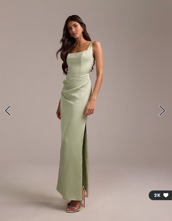 ASOS DESIGN bridesmaids square neck satin maxi dress with asymmetric skirt overlay in sage green