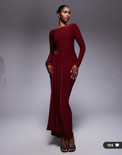Kaiia exclusive double layered slinky waist drape cut out detail maxi dress in burgundy