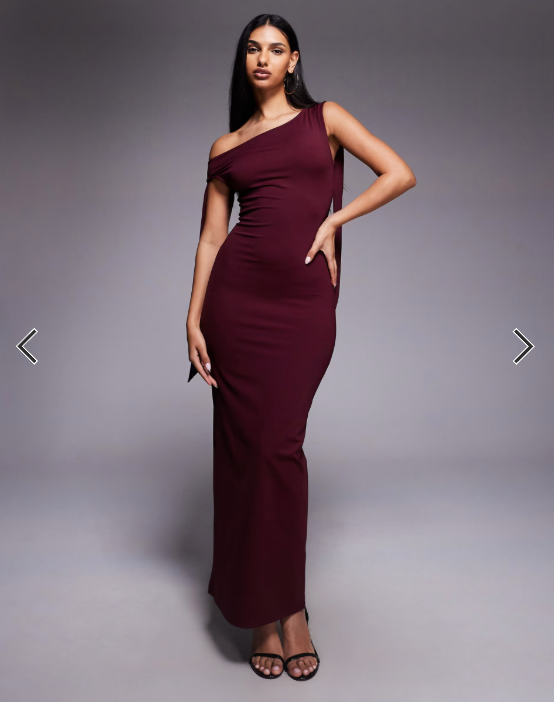 The Frolic exclusive slinky asymmetric shoulder tie detail bodycon maxi dress in burgundy