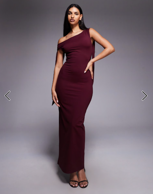 The Frolic exclusive slinky asymmetric shoulder tie detail bodycon maxi dress in burgundy
