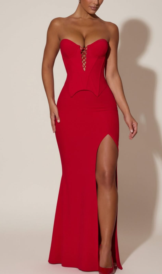 Oh Polly Marceline Lace - Up Corset Fishtail Maxi Dress in Red