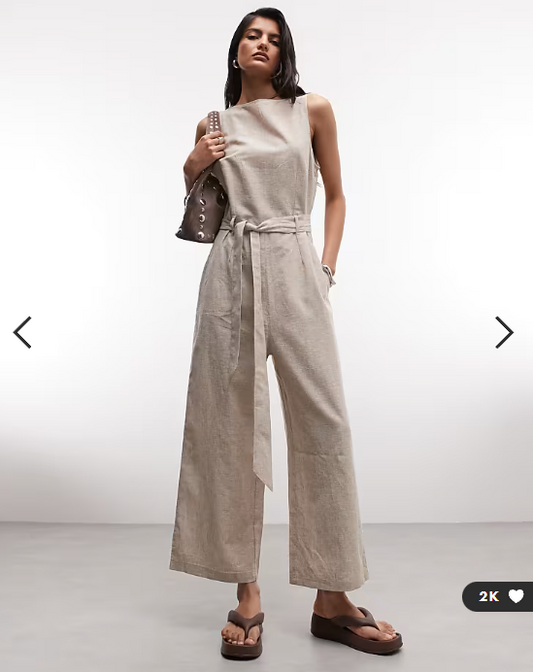 Monki linen sleeveless wide leg jumpsuit with tie belt detail in beige