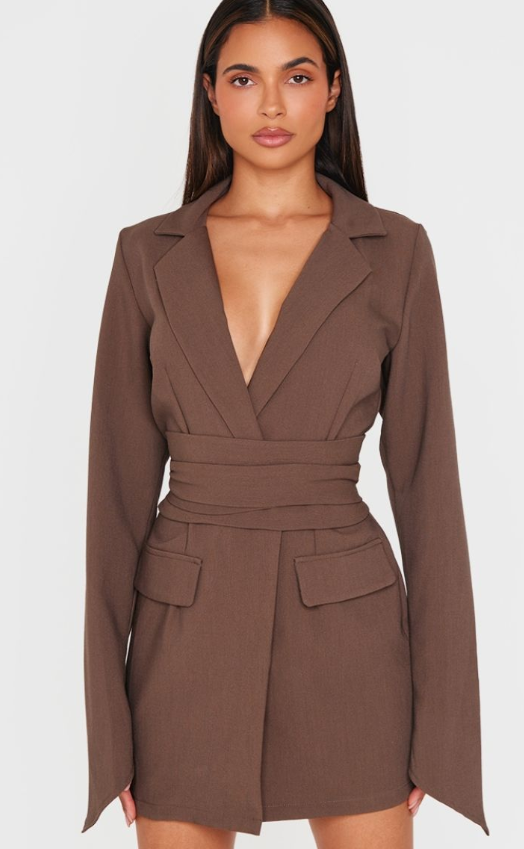 Chocolate Woven Wrap Belted Blazer Dress