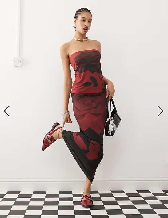 COLLUSION low rise maxi skirt with red bloom print co-ord