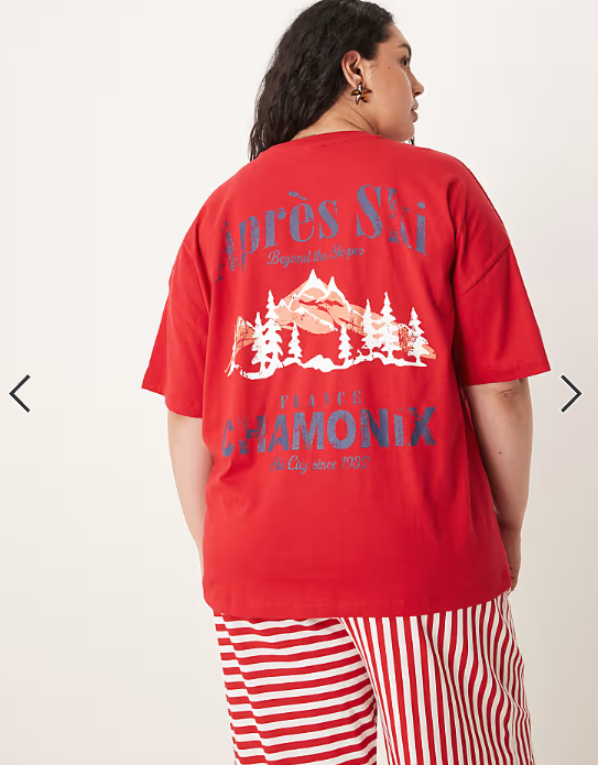 ASOS DESIGN Curve oversized graphic tee & wide leg pants pajama set in apres ski print