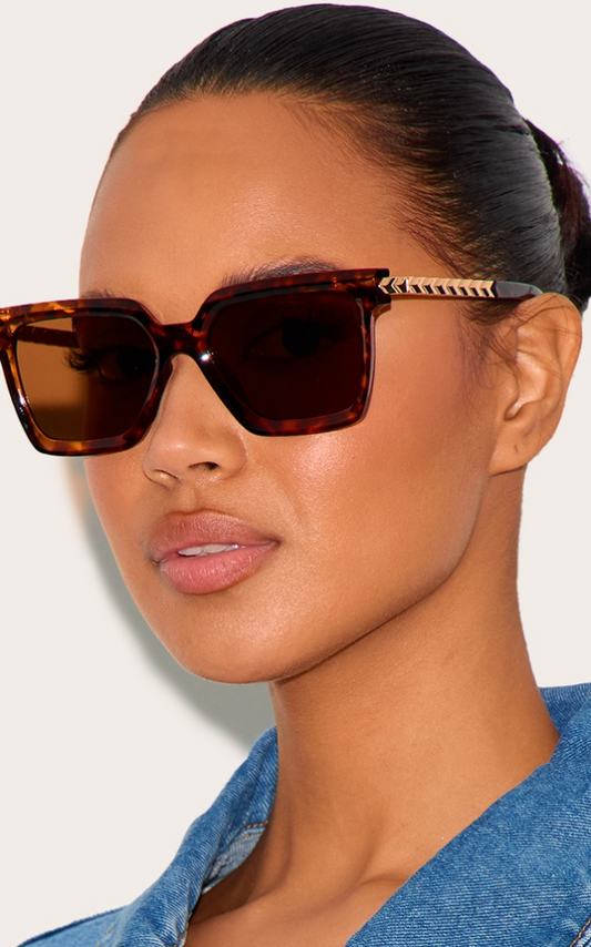 Brown Tortoise Metal Arm Detail Squared Sunglasses