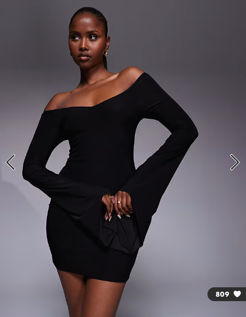 Kaiia exclusive double layered slinky off shoulder fluted drape sleeve mini dress in black