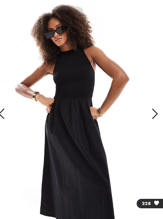 ASOS DESIGN racer neck crinkle bodice poplin skirt midi dress in black