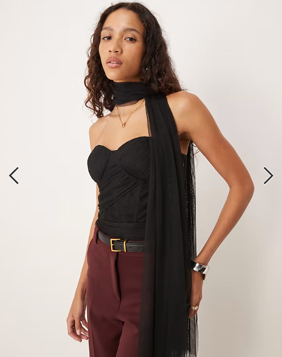 Lace & Beads scarf neck tulle corset bodysuit in black