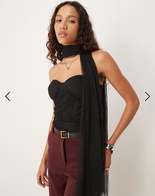 Lace & Beads scarf neck tulle corset bodysuit in black