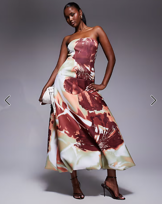 ASOS DESIGN dropped waist puffball midaxi dress in oversized floral print in scuba-style fabric