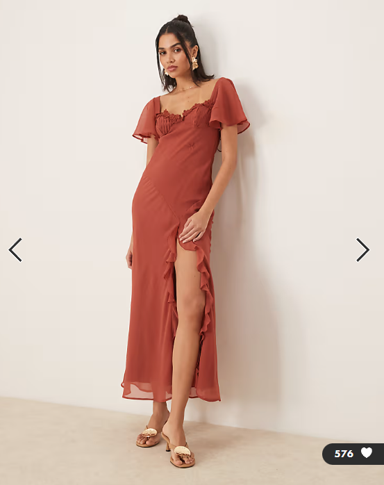 ASOS DESIGN flutter sleeve lace trim ruffle split midaxi dress with open back in rust