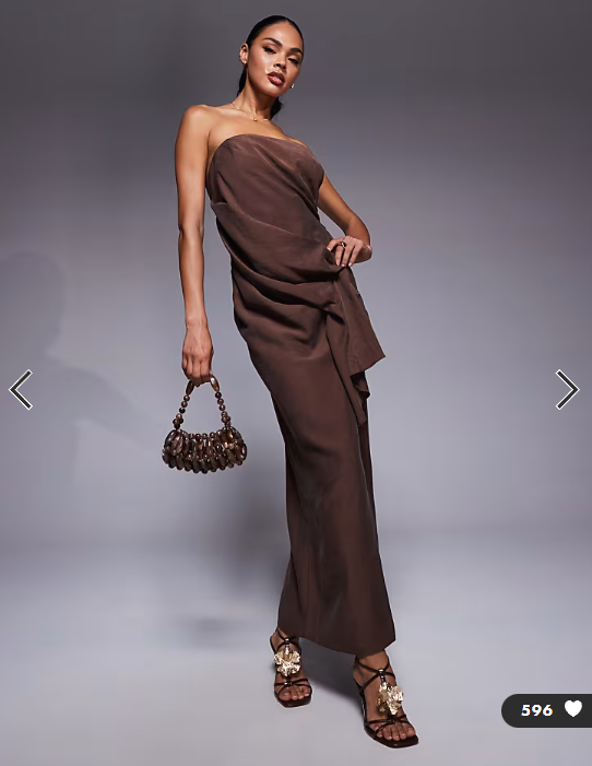ASOS DESIGN bandeau midi dress with side pleat detail in chocolate
