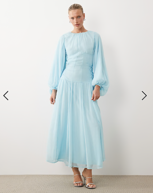 ASOS DESIGN long sleeve chiffon tie detail maxi dress in sky blue