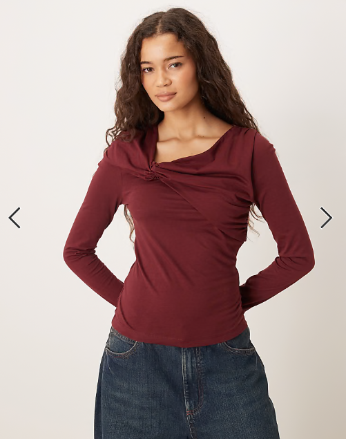 ASOS DESIGN Circular Design Collection twist neck detail long sleeve tee in burgundy