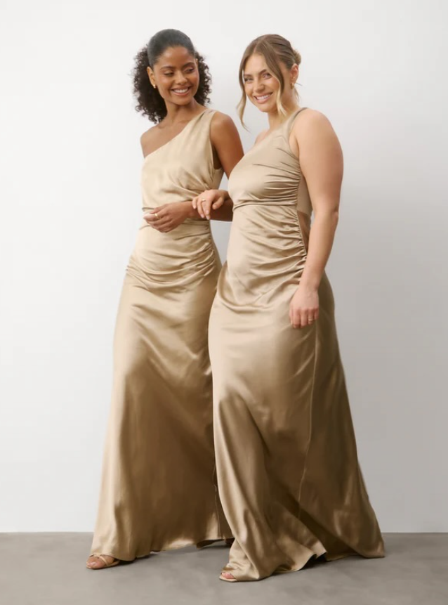 Six Stories - alex - One Shoulder Satin Bridesmaid Dress - Champagne