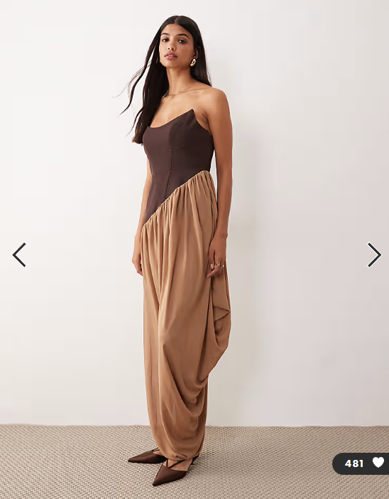 ASOS DESIGN structured curved bandeau neckline midi dress with contrast soft draped skirt in brown