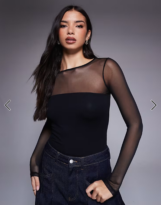 ASOS DESIGN mesh mix panel long sleeve bodysuit in black