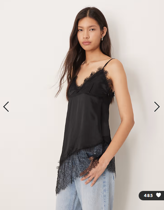 ASOS DESIGN satin lace trim asym hem cami top in black