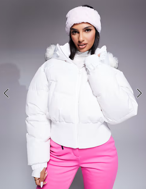 4505 Ski cropped insulated ski bomber jacket with faux fur hood in white