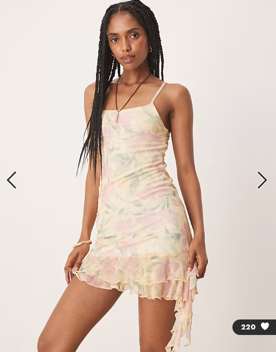 ASOS DESIGN mesh cowl neck mini dress with ruffle hem in pink ditsy print