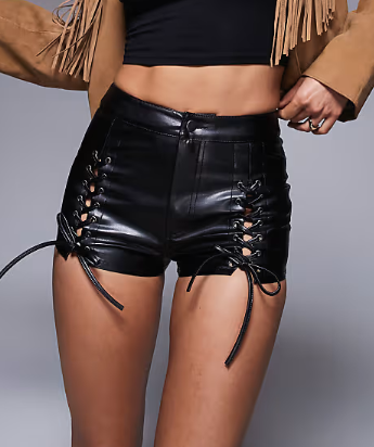 ASOS DESIGN leather look knicker shorts with lace up detail in black
