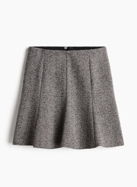 H&M - FLARED-HEM SKIRT- Grey Herrringbone - Wool Blend