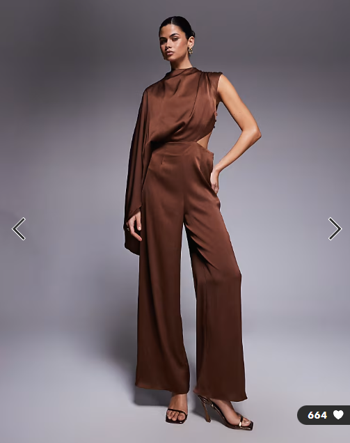 ASOS DESIGN satin one sleeve cut out jumpsuit in chocolate