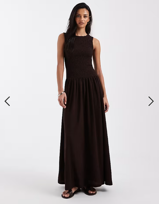 Brave Soul drop waist racer dress with shirred bodice in brown