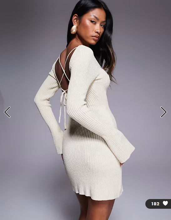 Princess Polly Brownhall ribbed knit flare sleeve open tie back mini dress in beige